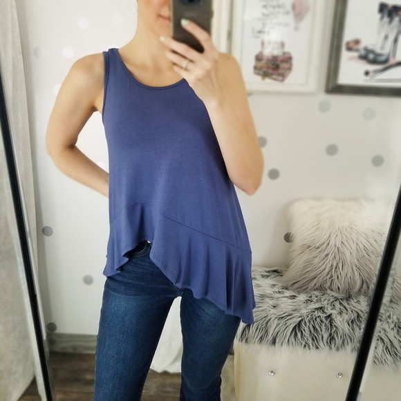 Denim Blue Fall Casual Basic Tops Women’s Navy Summer Muscle Tank Ruffle Tops - Picture 2 of 9